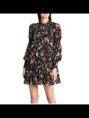 cinq a sept Black Floral Ruffle Mini Dress